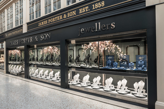 Exterior of the flagship James Porter & Son shop in Glasgow, located within Argyll Arcade